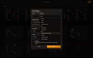 Scale settings modal with tonic, scale, and instrument options