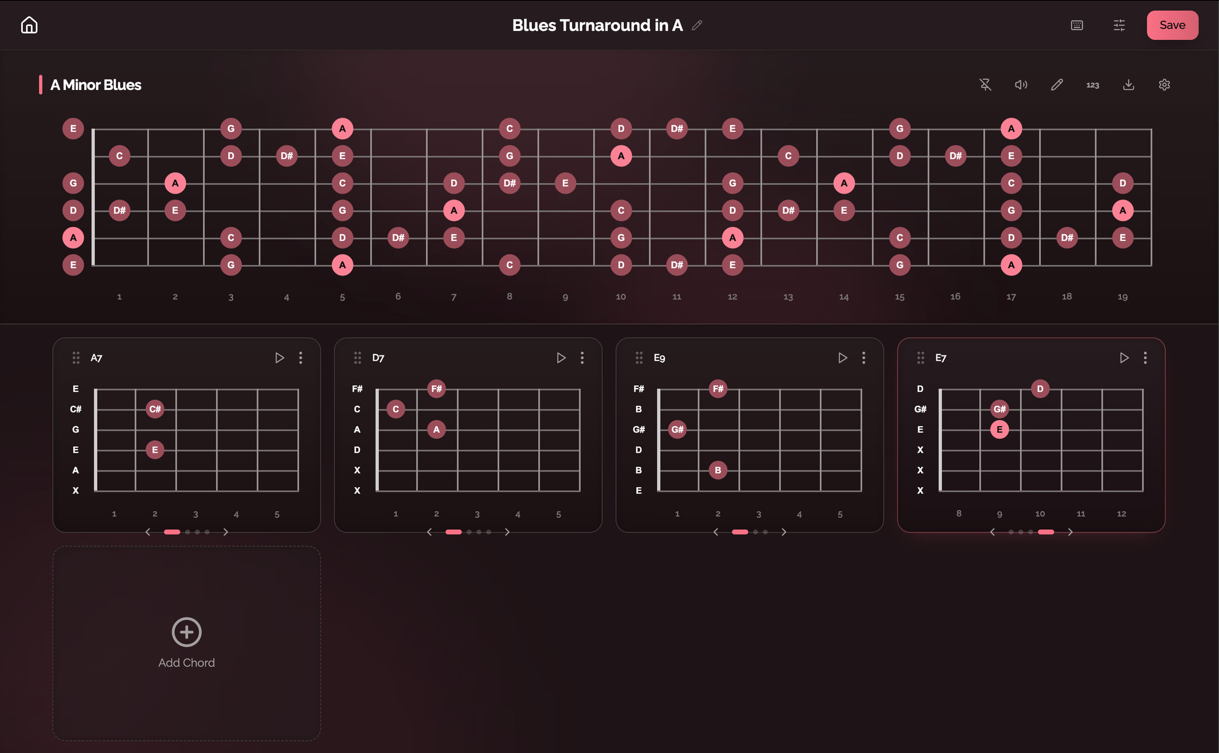 A minor blues scale on a guitar fretboard with A7, D7, E9 and E7 voicings underneath